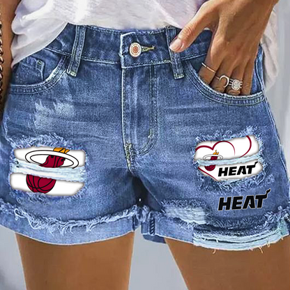 Miami Heat Rip Print Fashion Denim Shorts