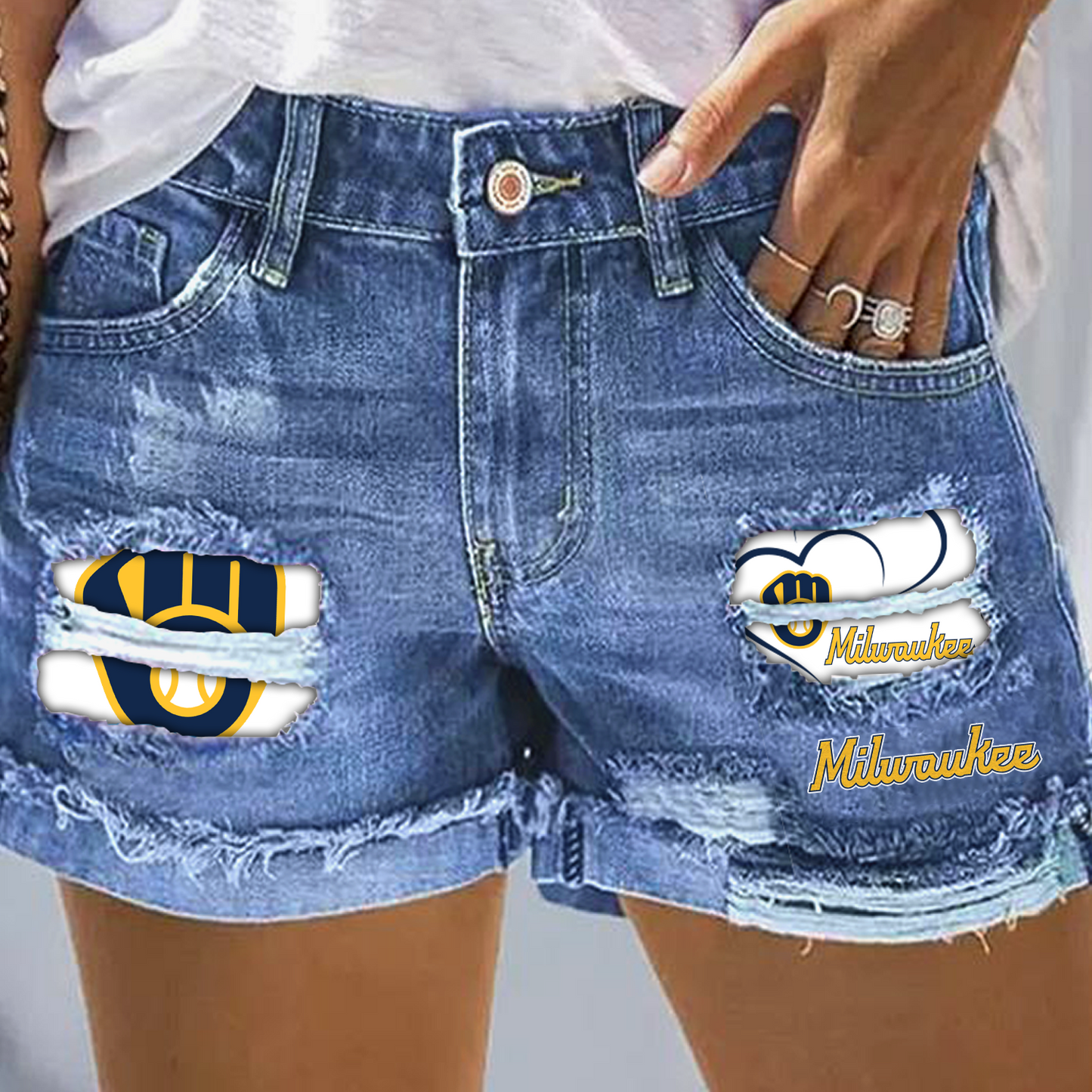 Milwaukee Brewers Print Fashion Denim Shorts