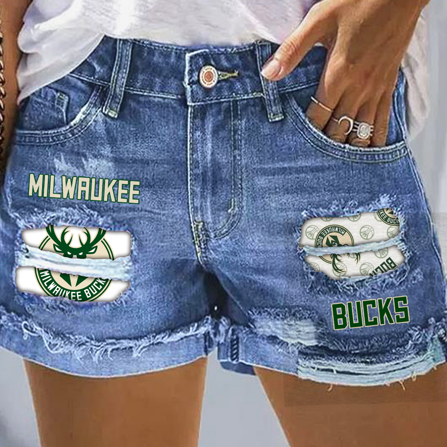 Milwaukee Bucks Rip Print Fashion Denim Shorts