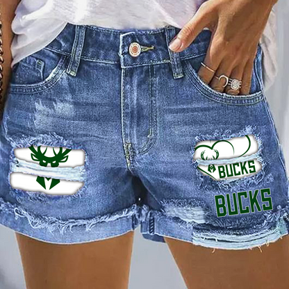 Milwaukee Bucks Rip Print Fashion Denim Shorts