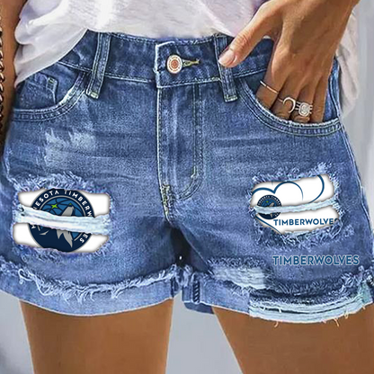 Minnesota Timberwolves Rip Print Fashion Denim Shorts