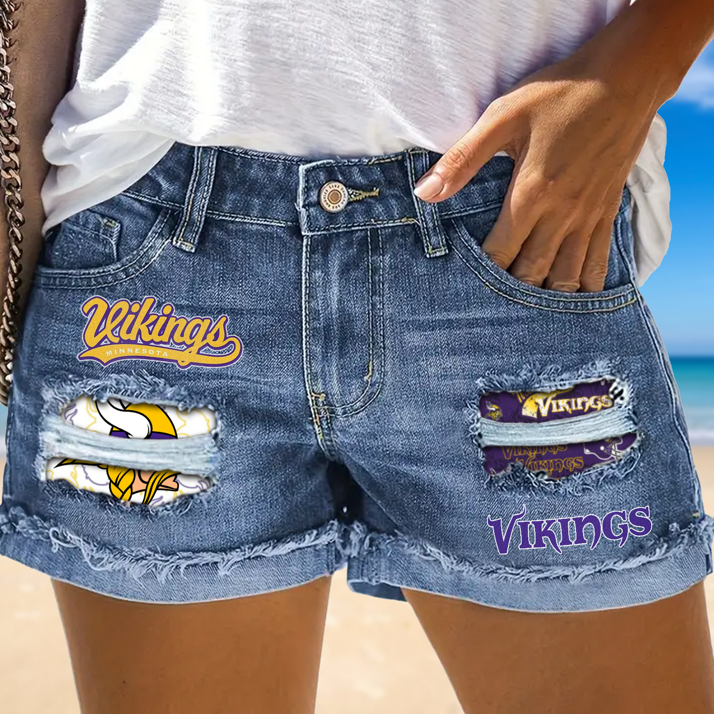 Minnesota Vikings Rip Print Fashion Denim Shorts NDD