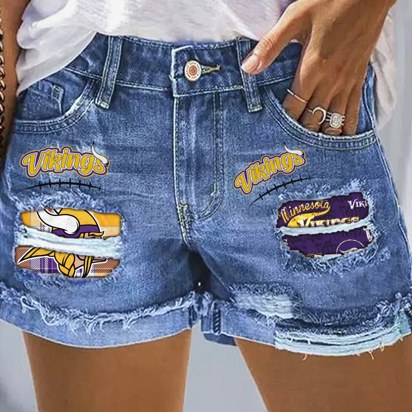 Minnesota Vikings Rip Print Fashion Denim Shorts NDD