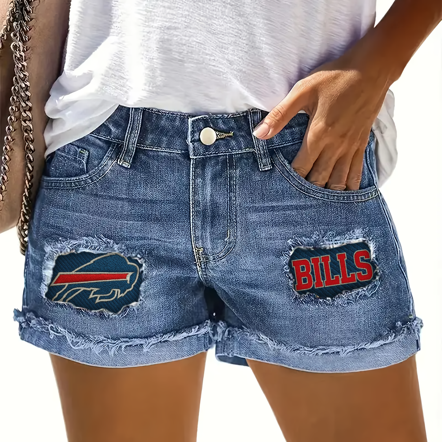 NFL BB Team Logo Rip Print Fashion Denim Shorts DDTCTND