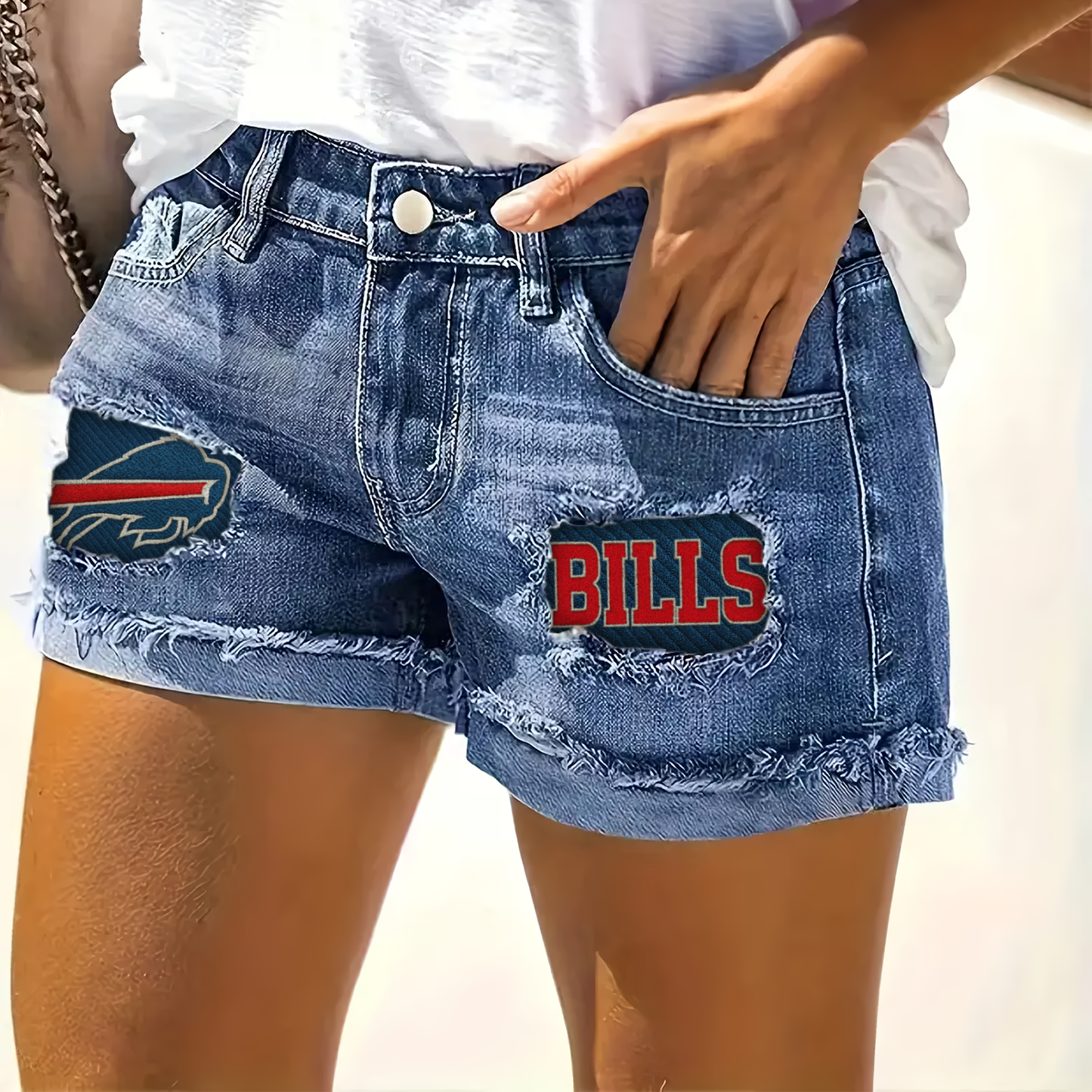 NFL BB Team Logo Rip Print Fashion Denim Shorts DDTCTND