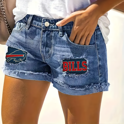 NFL BB Team Logo Rip Print Fashion Denim Shorts DDTCTND