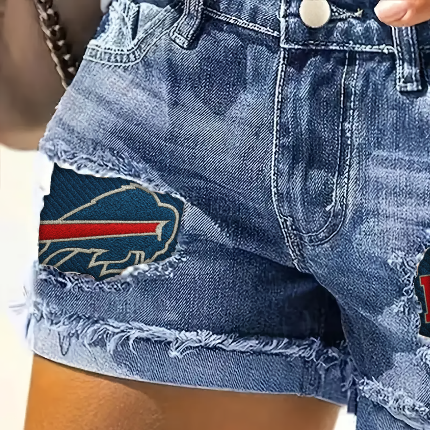NFL BB Team Logo Rip Print Fashion Denim Shorts DDTCTND