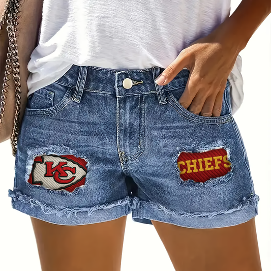 NFL KCC Team Logo Rip Print Fashion Denim Shorts DDTCTND