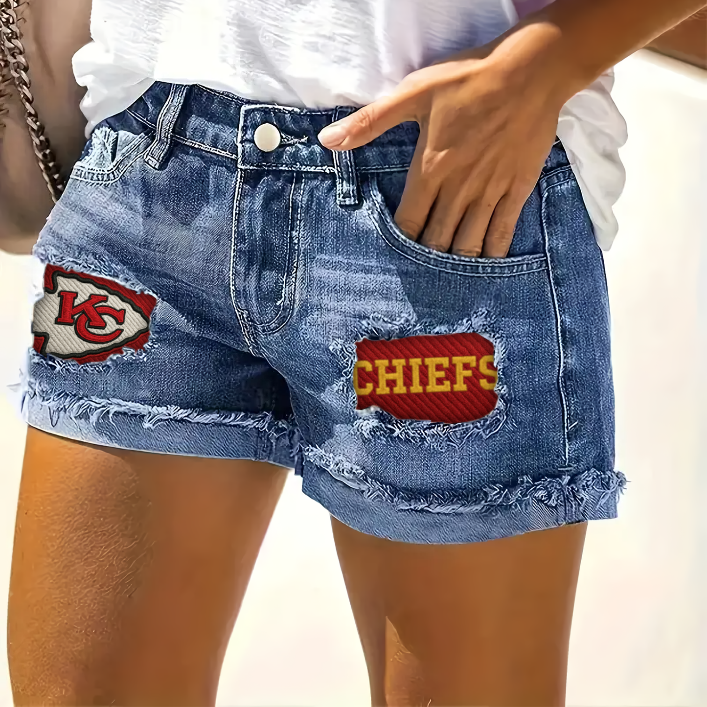 NFL KCC Team Logo Rip Print Fashion Denim Shorts DDTCTND