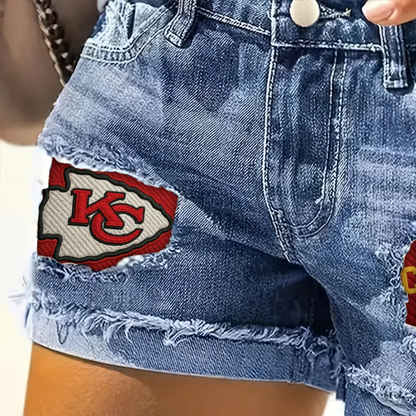 NFL KCC Team Logo Rip Print Fashion Denim Shorts DDTCTND