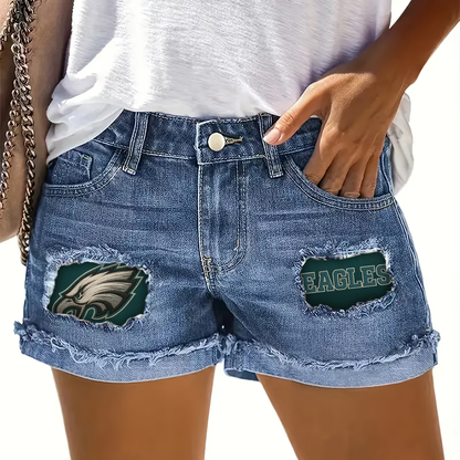 NFL PE Team Logo Rip Print Fashion Denim Shorts DDTCTND