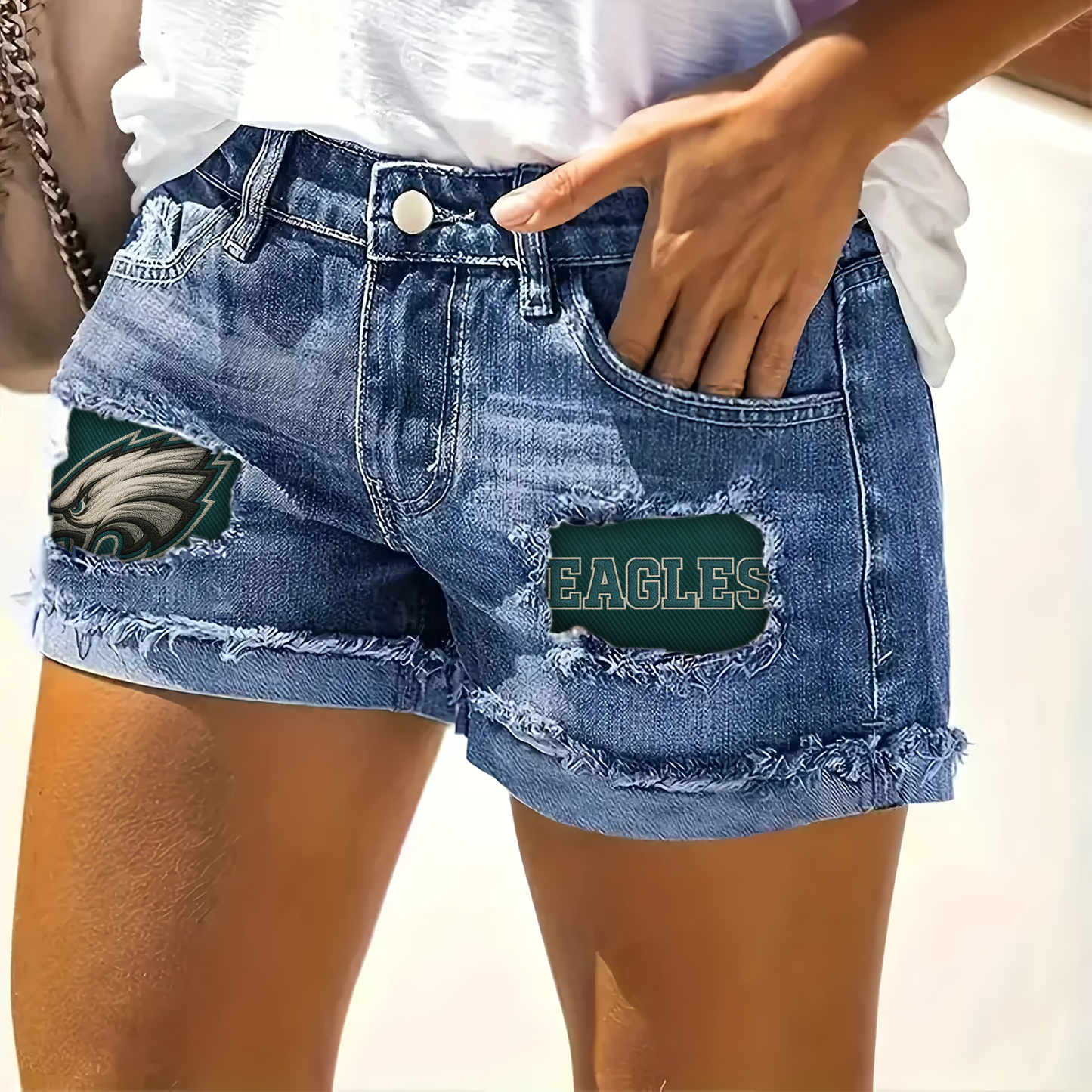 NFL PE Team Logo Rip Print Fashion Denim Shorts DDTCTND