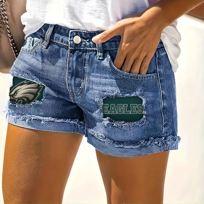 NFL PE Team Logo Rip Print Fashion Denim Shorts DDTCTND