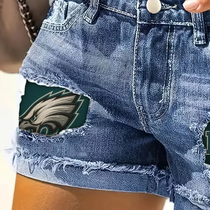 NFL PE Team Logo Rip Print Fashion Denim Shorts DDTCTND