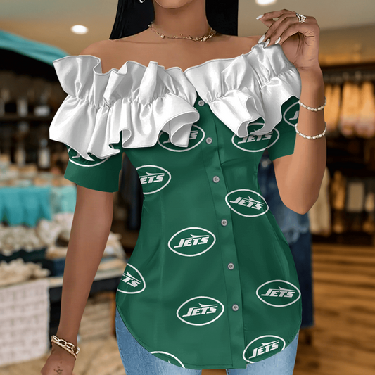 NYJ Premium NFL Women Ruffle Off-Shoulder Blouse DDT CTND