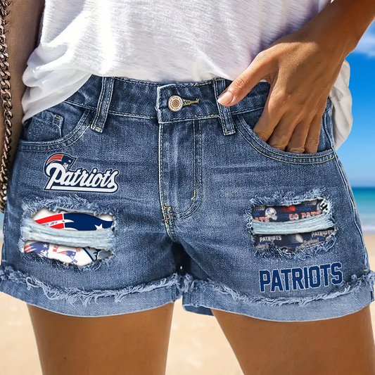 New England Patriots Rip Print Fashion Denim Shorts NDD