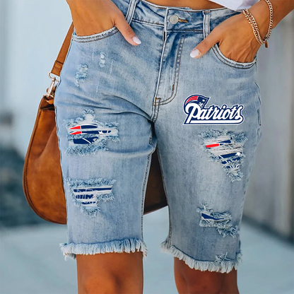 New England Patriots Ripped Print Fashion Quarter Denim Mid Length Pants NDD