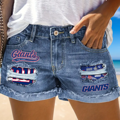 New York Giants Rip Print Fashion Denim Shorts NDD