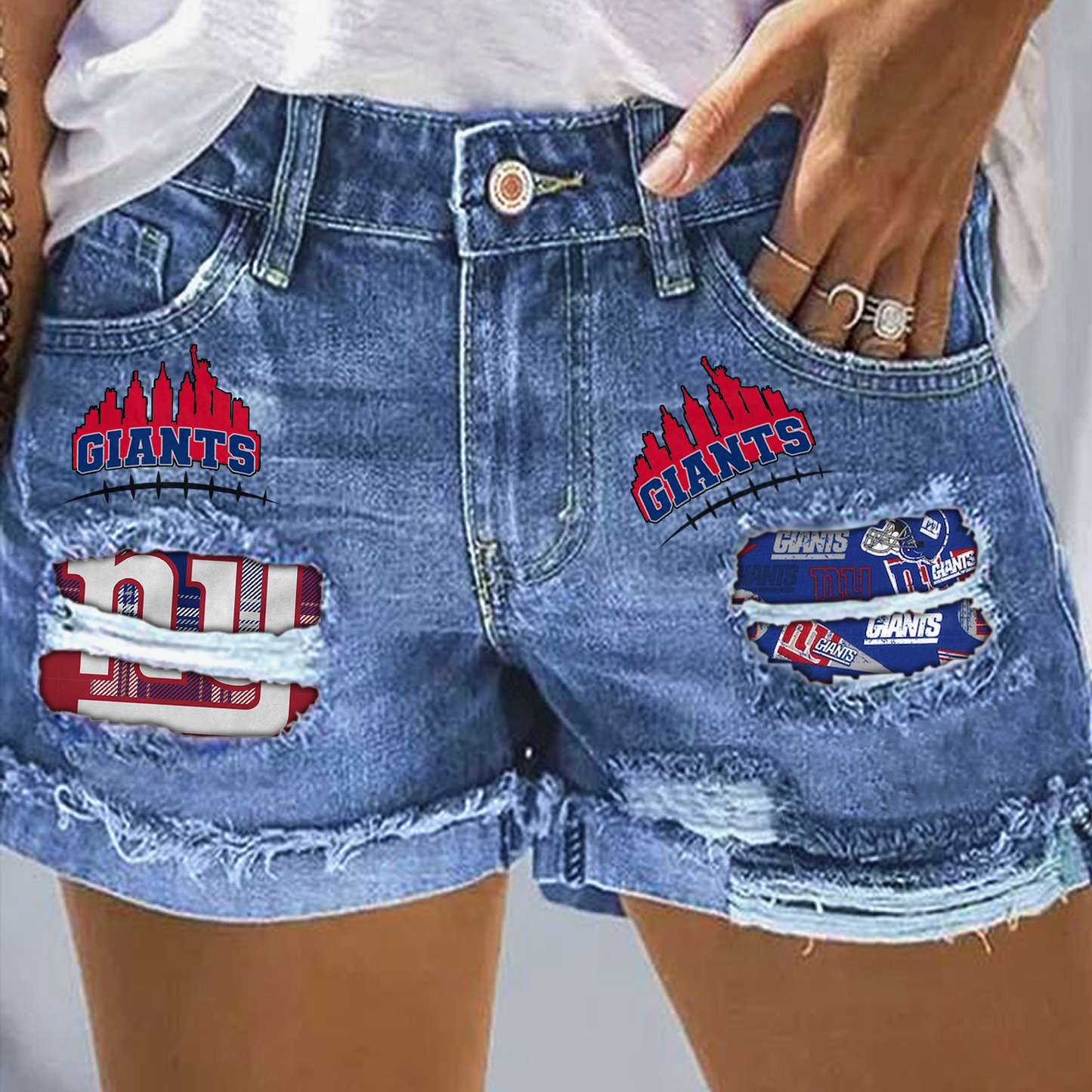 New York Giants Rip Print Fashion Denim Shorts NDD