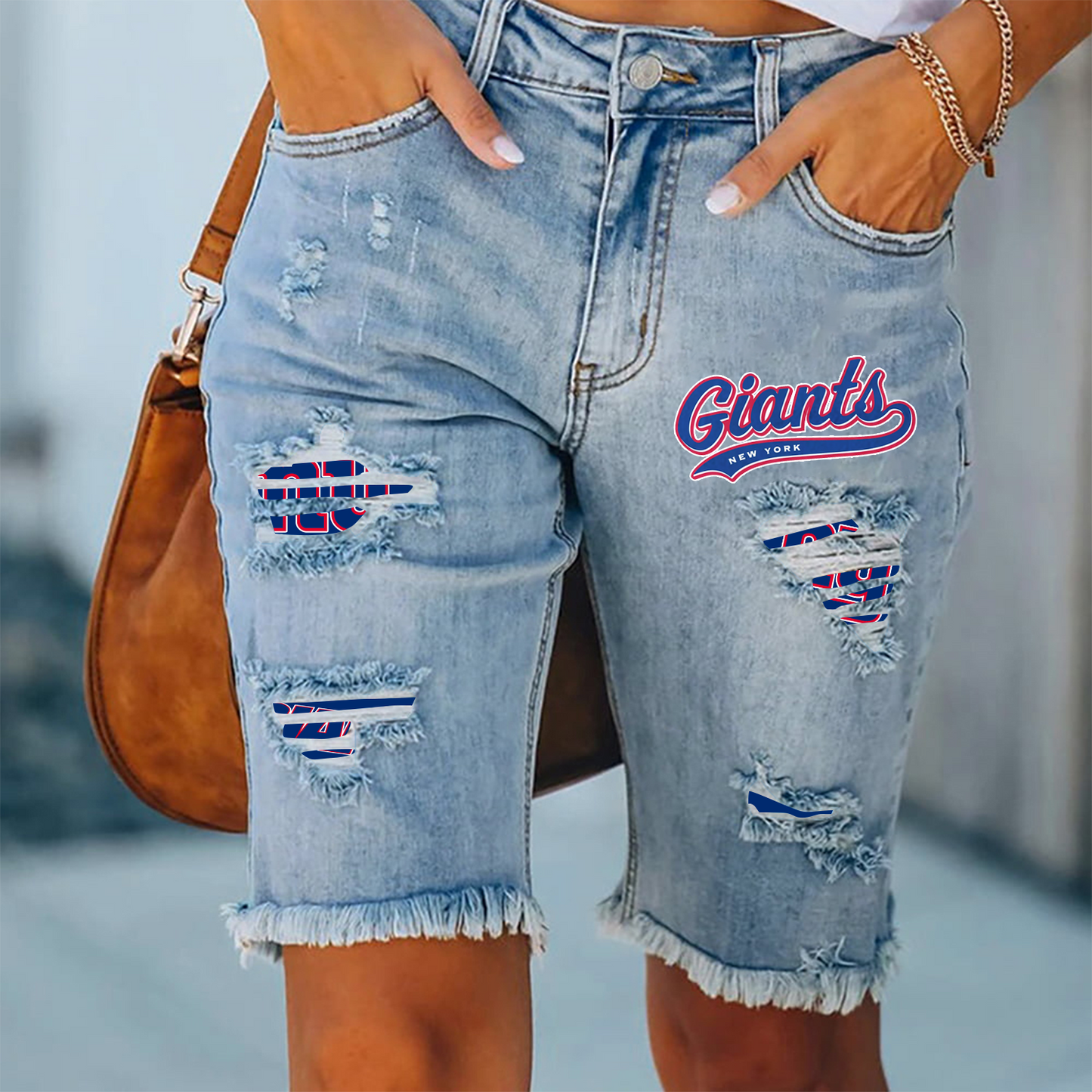 New York Giants Ripped Print Fashion Quarter Denim Mid Length Pants NDD