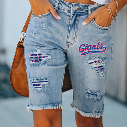 New York Giants Ripped Print Fashion Quarter Denim Mid Length Pants NDD