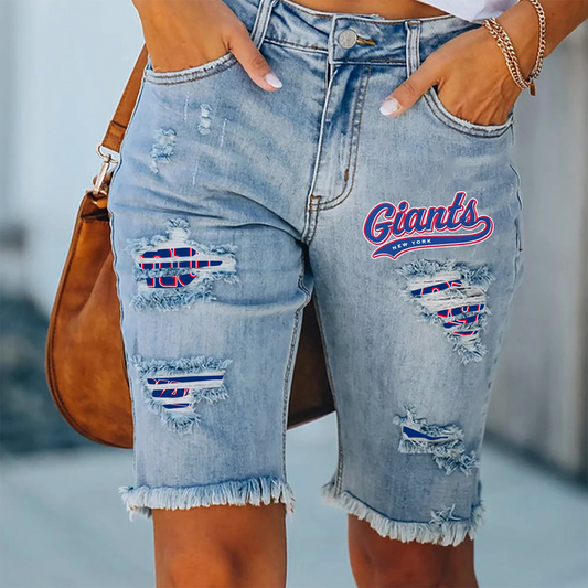 New York Giants Ripped Print Fashion Quarter Denim Mid Length Pants NDD