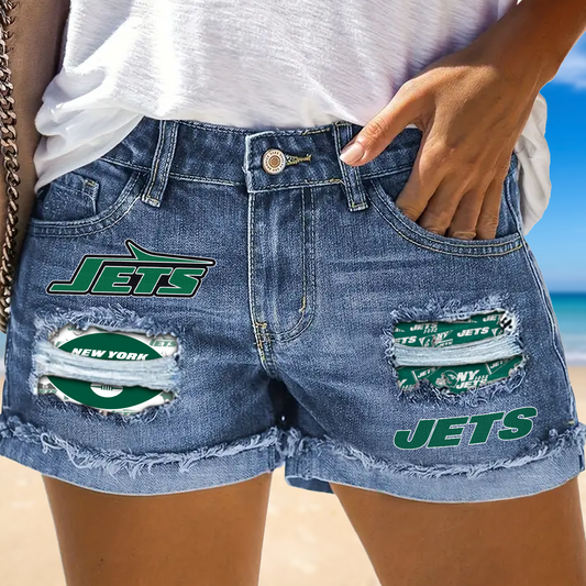 New York Jets Rip Print Fashion Denim Shorts NDD
