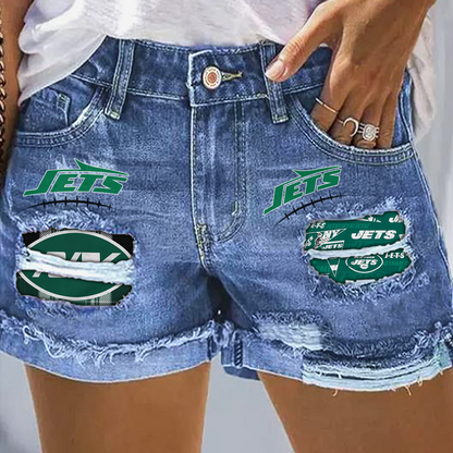 New York Jets Rip Print Fashion Denim Shorts NDD