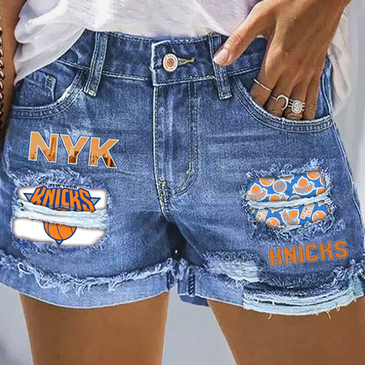 New York Knicks Rip Print Fashion Denim Shorts