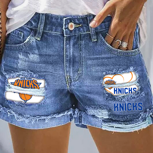 New York Knicks Rip Print Fashion Denim Shorts