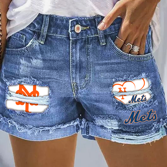 New York Mets Print Fashion Denim Shorts