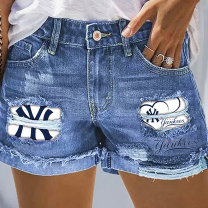 New York Yankees Print Fashion Denim Shorts