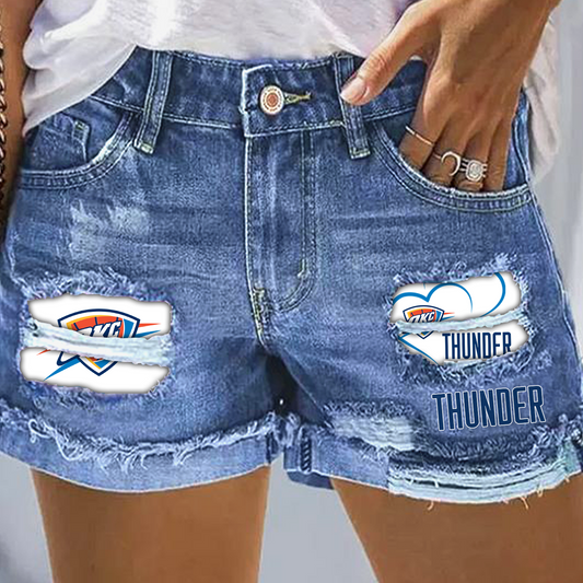 Oklahoma City Thunder Rip Print Fashion Denim Shorts
