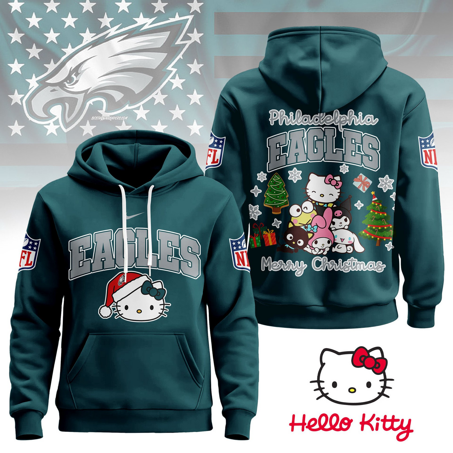 PE Premium NFL Hello Kitty Christmas 3D Hoodie DDT CTND