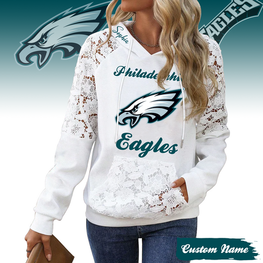 PREMIUM NFL X PHI Women's Lace Paneled Waffle Hoodie With Pockets SHIRT NDT TDT