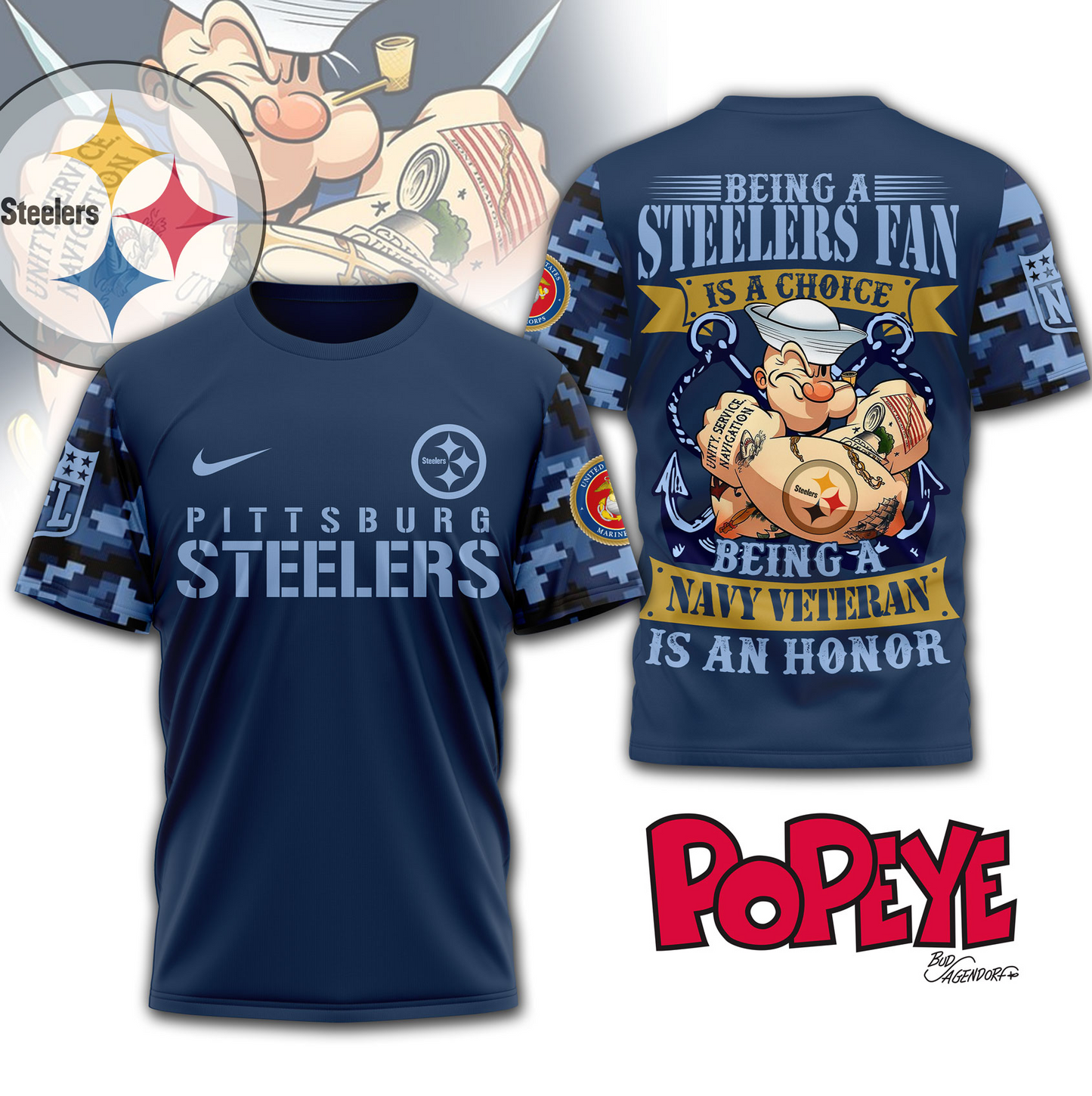 PS Premium NFL Navy Veteran Popeye 3D Shirt DDT CTND
