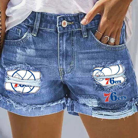 Philadelphia 76ers Rip Print Fashion Denim Shorts