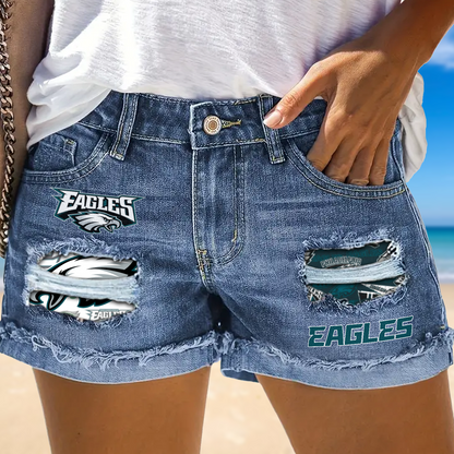 Philadelphia Eagles Rip Print Fashion Denim Shorts NDD