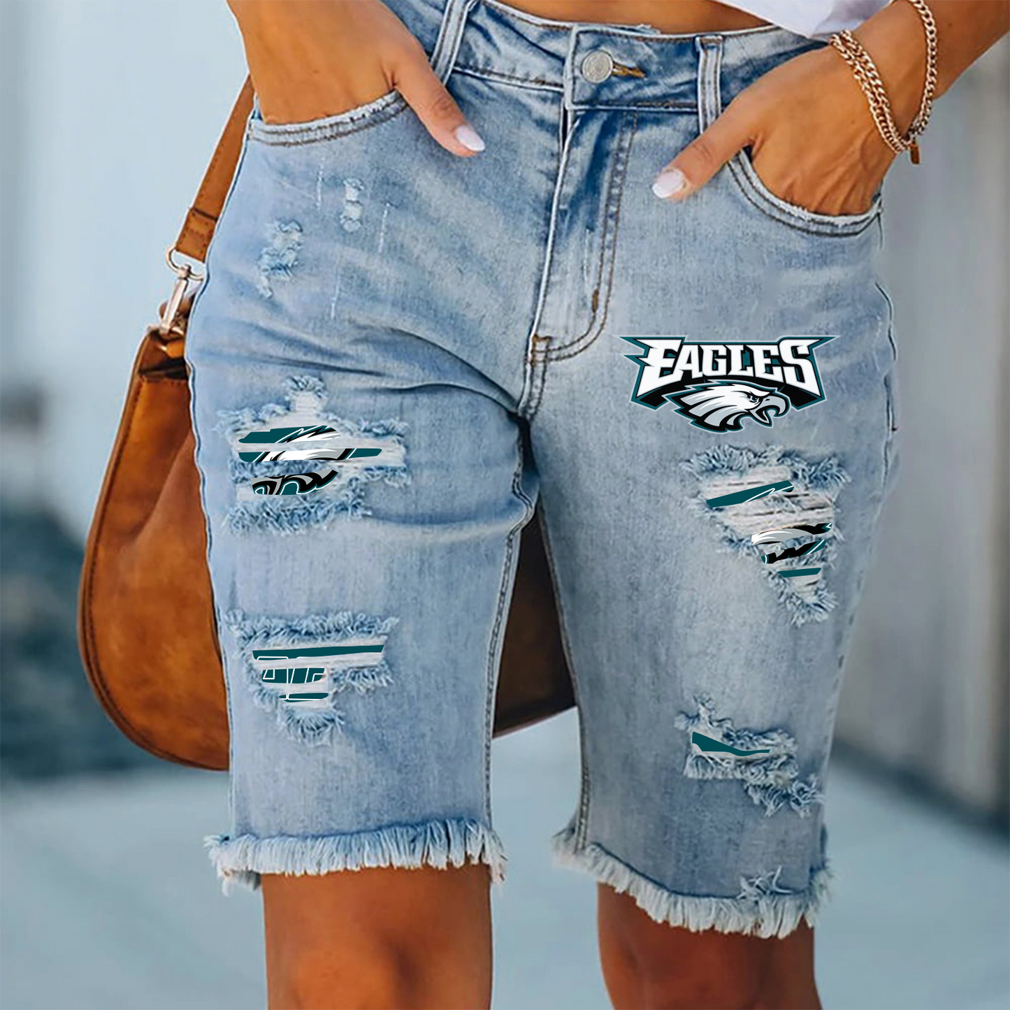 Philadelphia Eagles Ripped Print Fashion Quarter Denim Mid Length Pants NDD