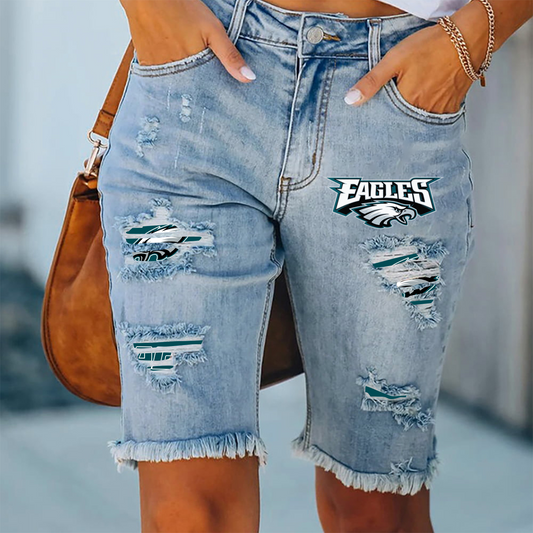 Philadelphia Eagles Ripped Print Fashion Quarter Denim Mid Length Pants NDD