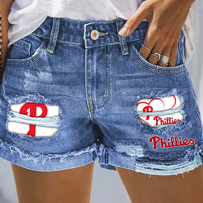 Philadelphia Phillies Print Fashion Denim Shorts