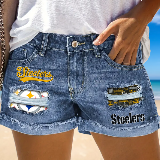 Pittsburgh Steelers Rip Print Fashion Denim Shorts NDD