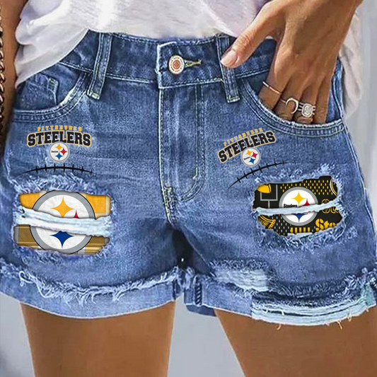 Pittsburgh Steelers Rip Print Fashion Denim Shorts NDD