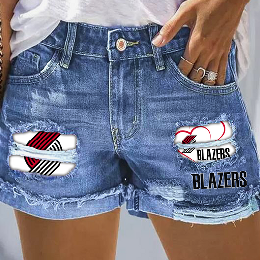 Portland Trail Blazers Rip Print Fashion Denim Shorts