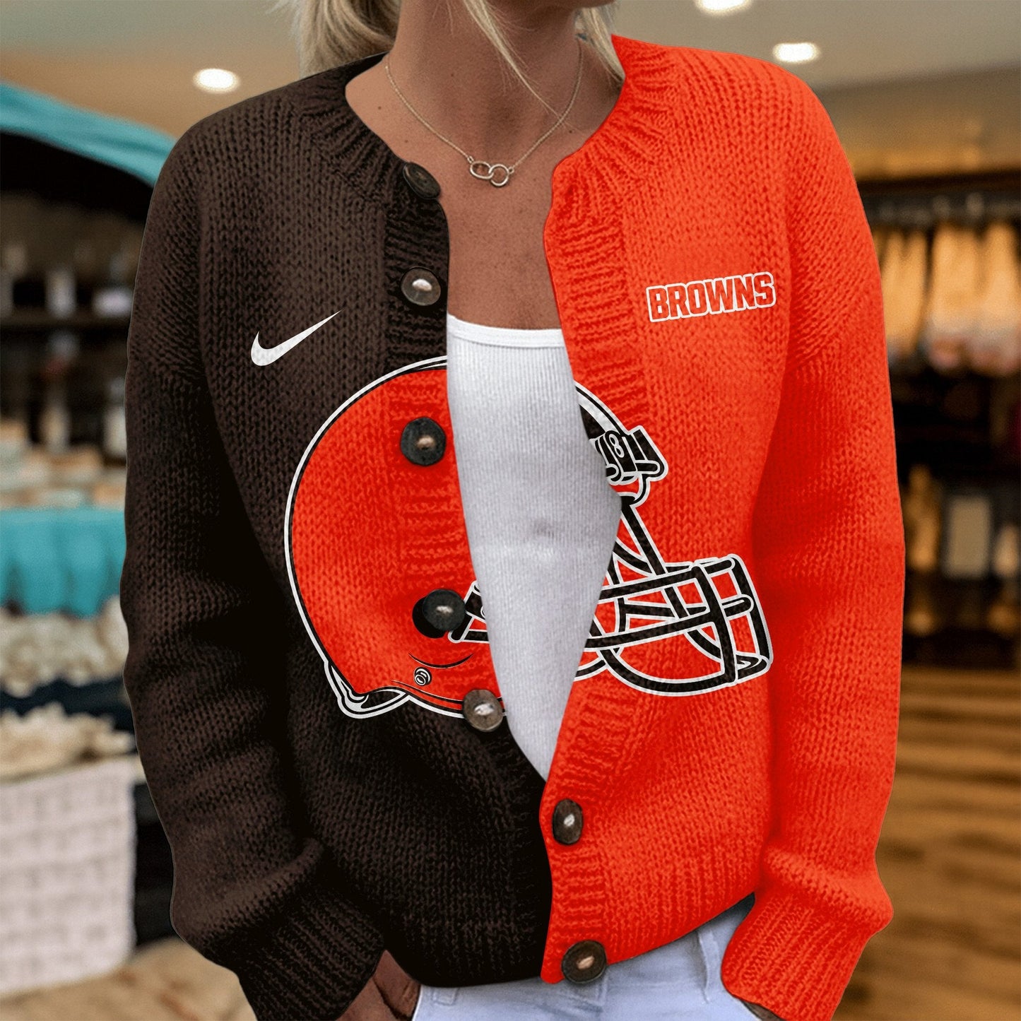 Premium NFL X CLE Smart Woman Love Football Cozy Split Knit Cardigan V2 NDT NHM