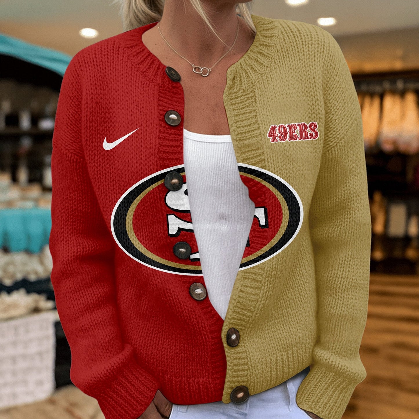 Premium NFL X SF Smart Woman Love Football Cozy Split Knit Cardigan V2 NDT NHM