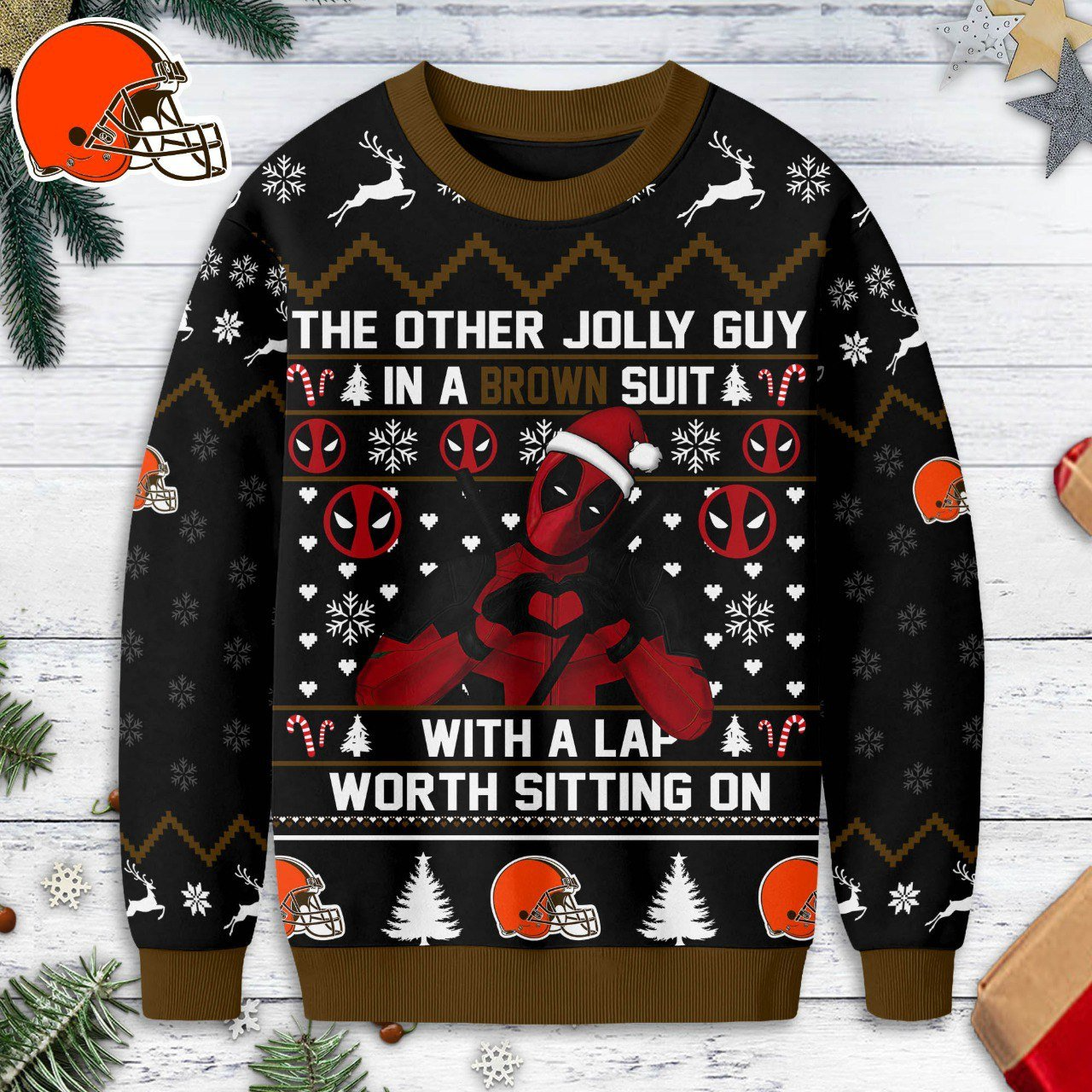 Premium NFL x CLE  Deadpool Christmas Ugly Sweater NDT NHM 131125