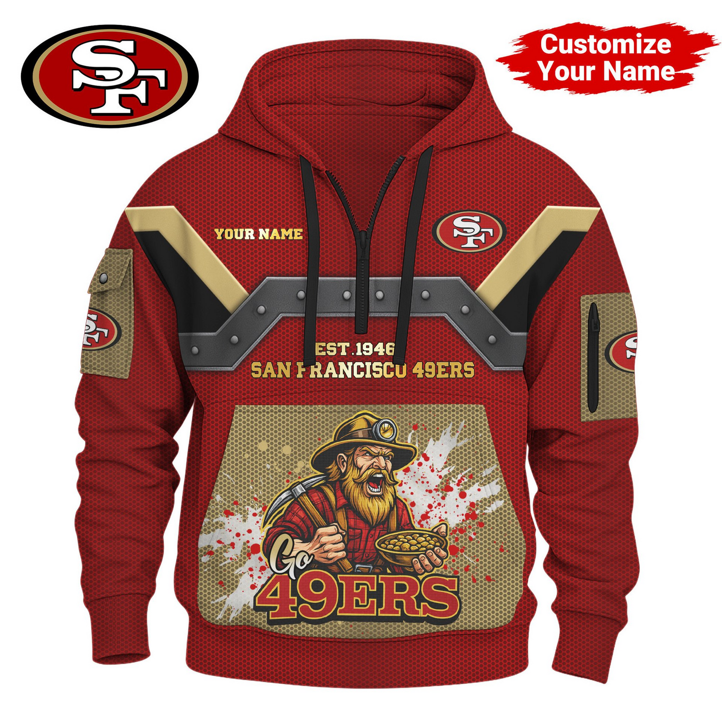 SF49 Premium NFL 3D Half Zip Hoodie DDT NTL