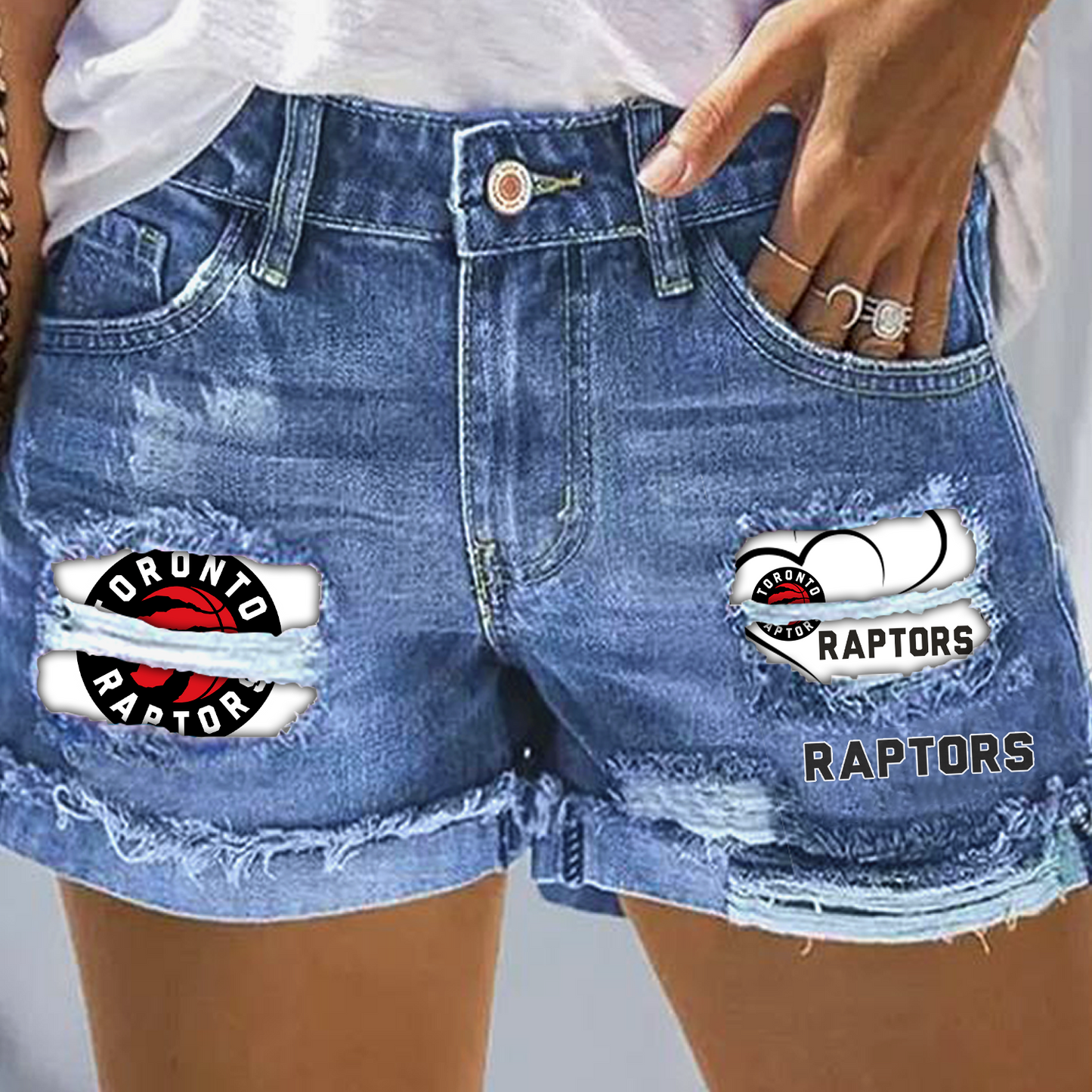 Toronto Raptors Rip Print Fashion Denim Shorts