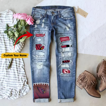 Arizona Cardinals STRETCH RIPPED FRAYED RAW HEM DISTRESSED DENIM JEANS WITH HOLE